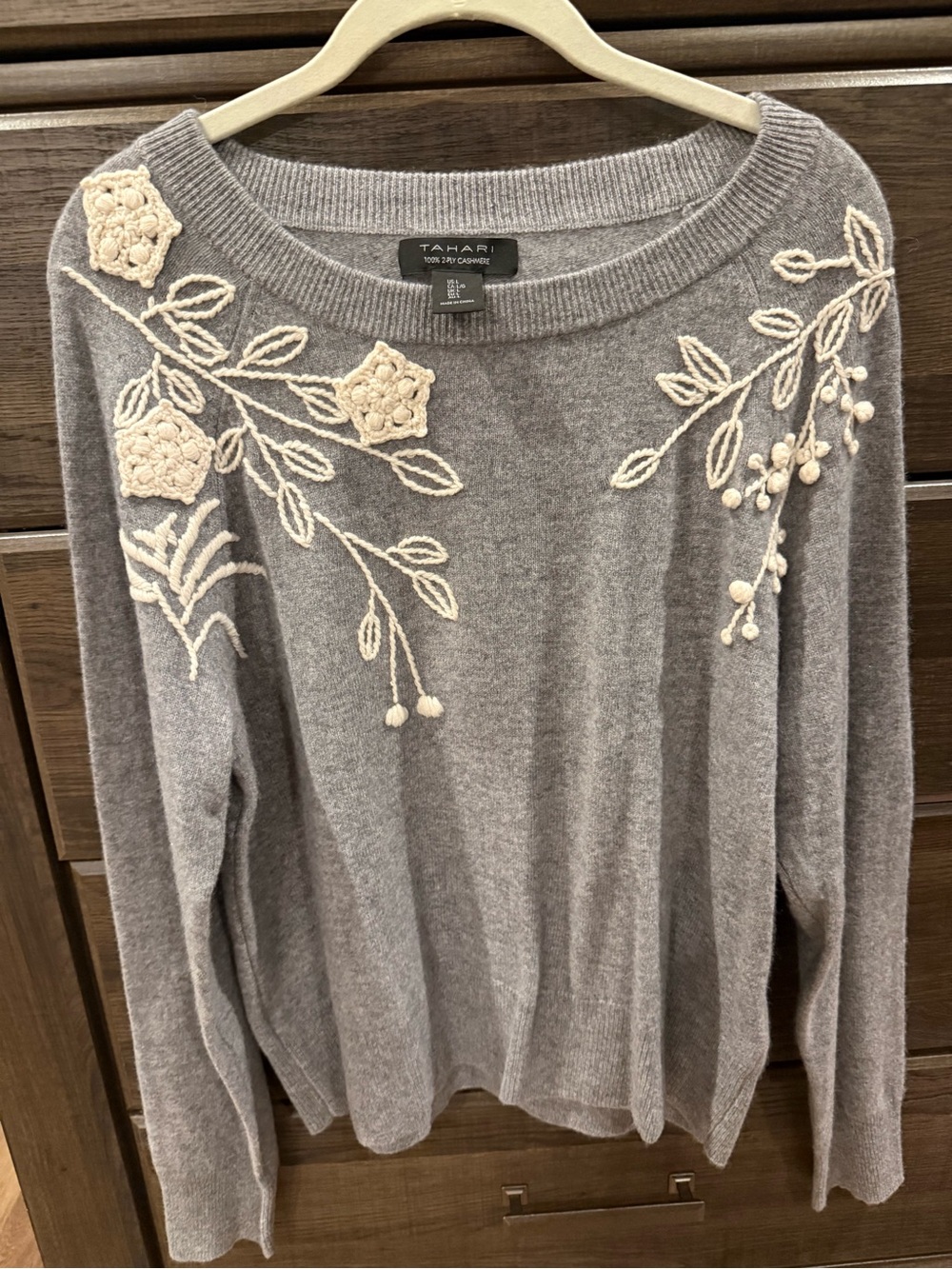 Tahari Gray Crewneck Sweater with Cream Floral Appliqué